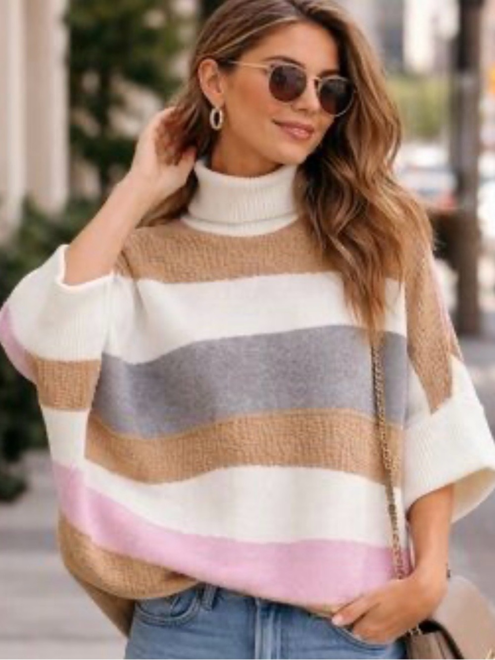 Callahan Striped Turtleneck Poncho Sweater in Cream, Tan, Gray & Pink
